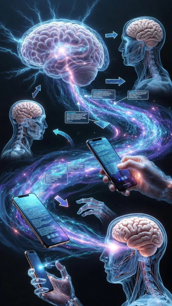 The journey of a human thought becoming a digital message that travels across networks