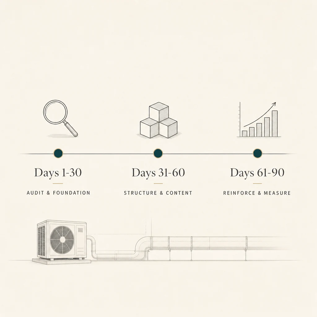 HVAC SEO Cost (2026): Pricing and Lead Math for HVAC Companies 1 A three-phase 90-day HVAC SEO plan timeline