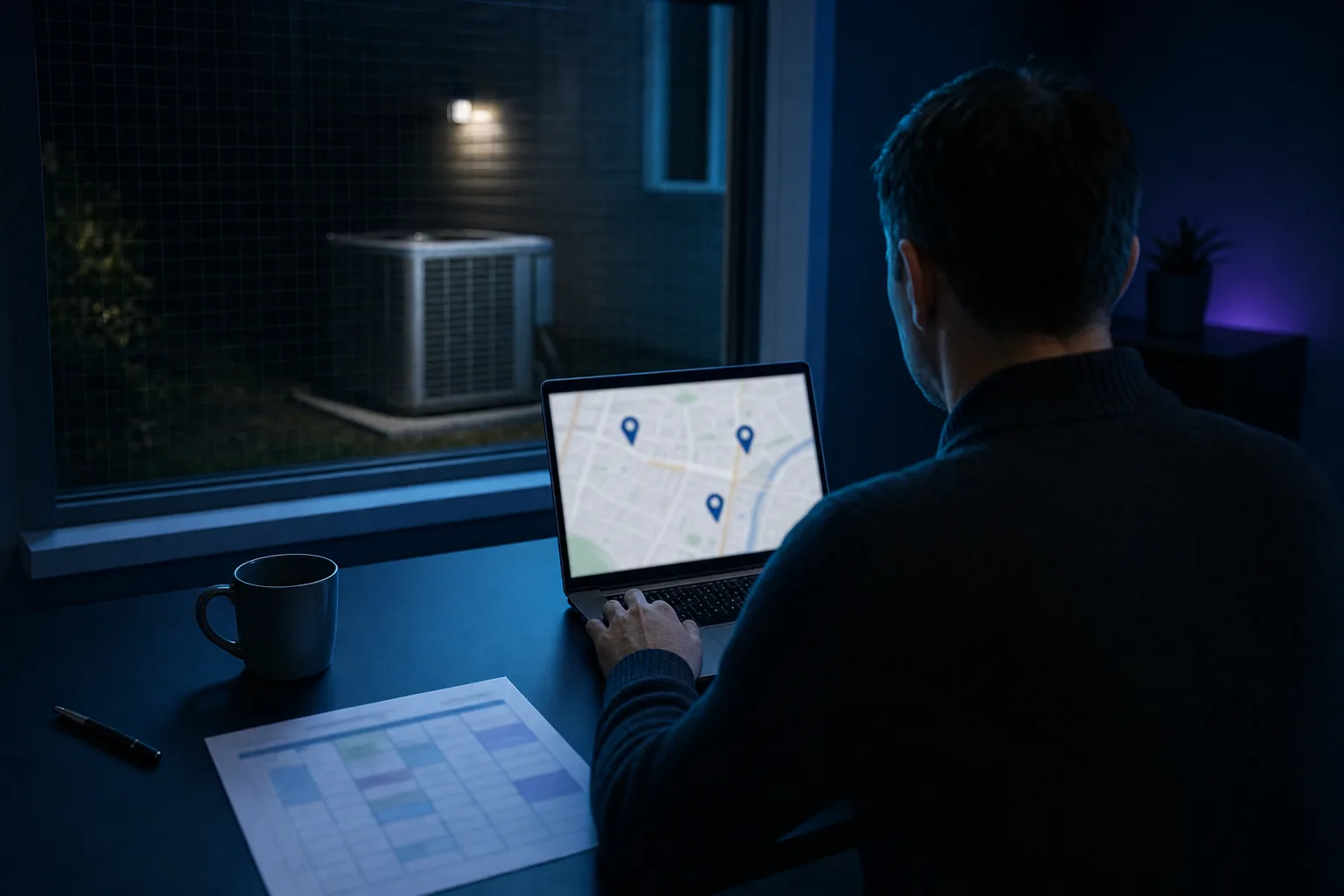 Over-the-shoulder view of a person in a dark sweater at a navy night office desk, a laptop showing a local map with three pins and an air conditioning condenser outside the window