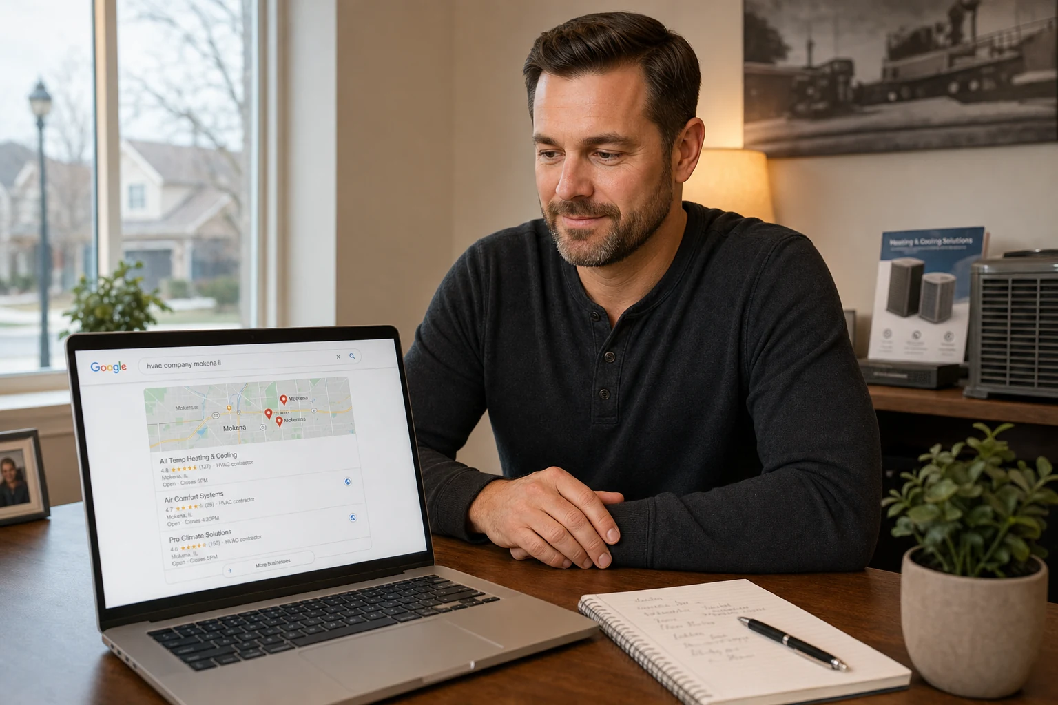 Jeremy Bengtson reviewing HVAC SEO cost and local search results on a laptop