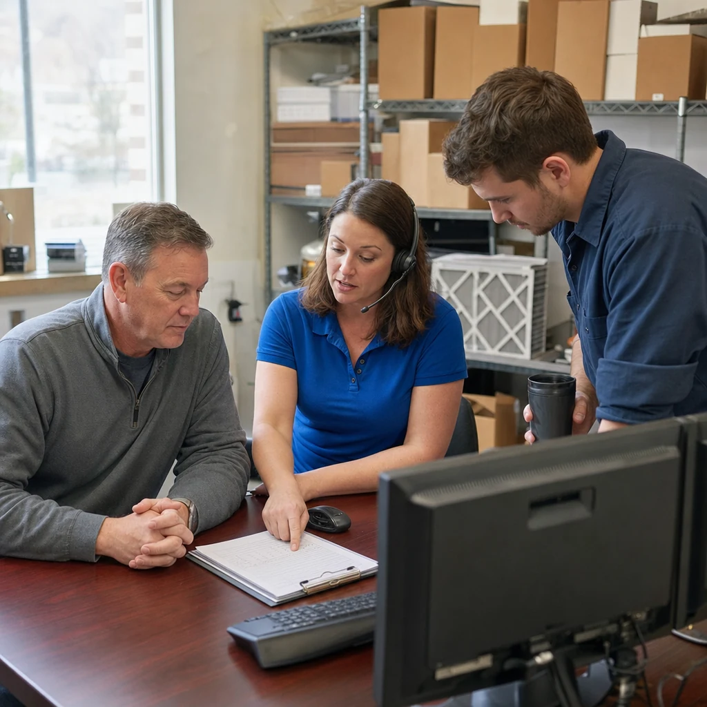 HVAC SEO Services: What the Work Includes, Season by Season 1 An HVAC company owner and a dispatcher wearing a headset at a shop office desk, with a technician in a work shirt leaning in to listen