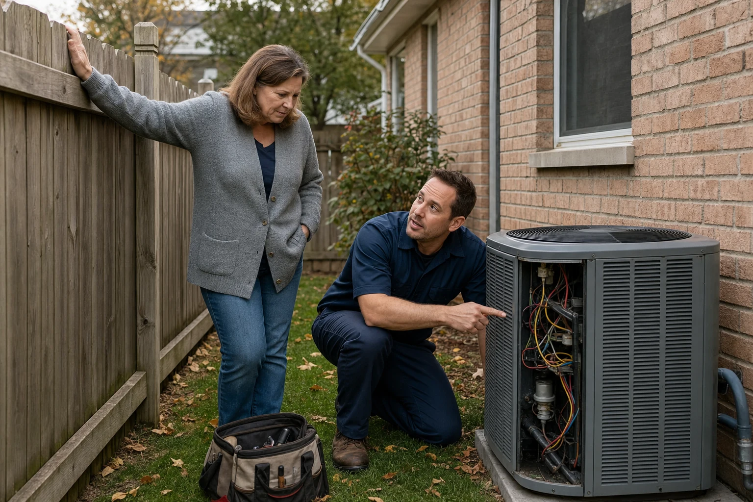An HVAC technician in a navy work shirt kneeling beside an outdoor air conditioning condenser with its panel open, explaining the unit to a homeowner in a suburban backyard