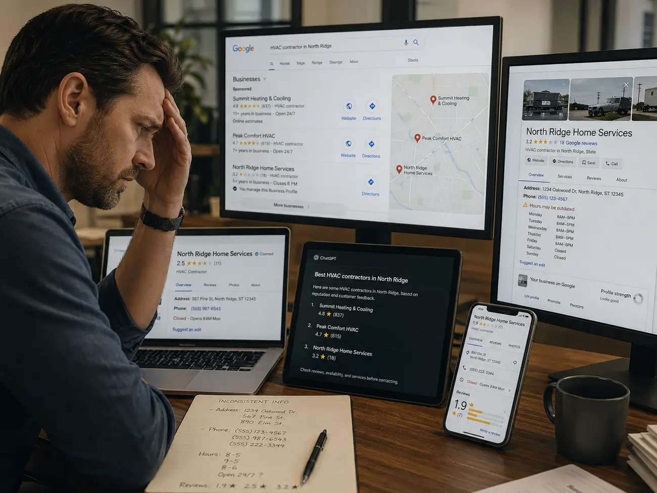 Frustrated business owner reviewing inconsistent Google Business Profile data, reviews, and AI search visibility across multiple platforms