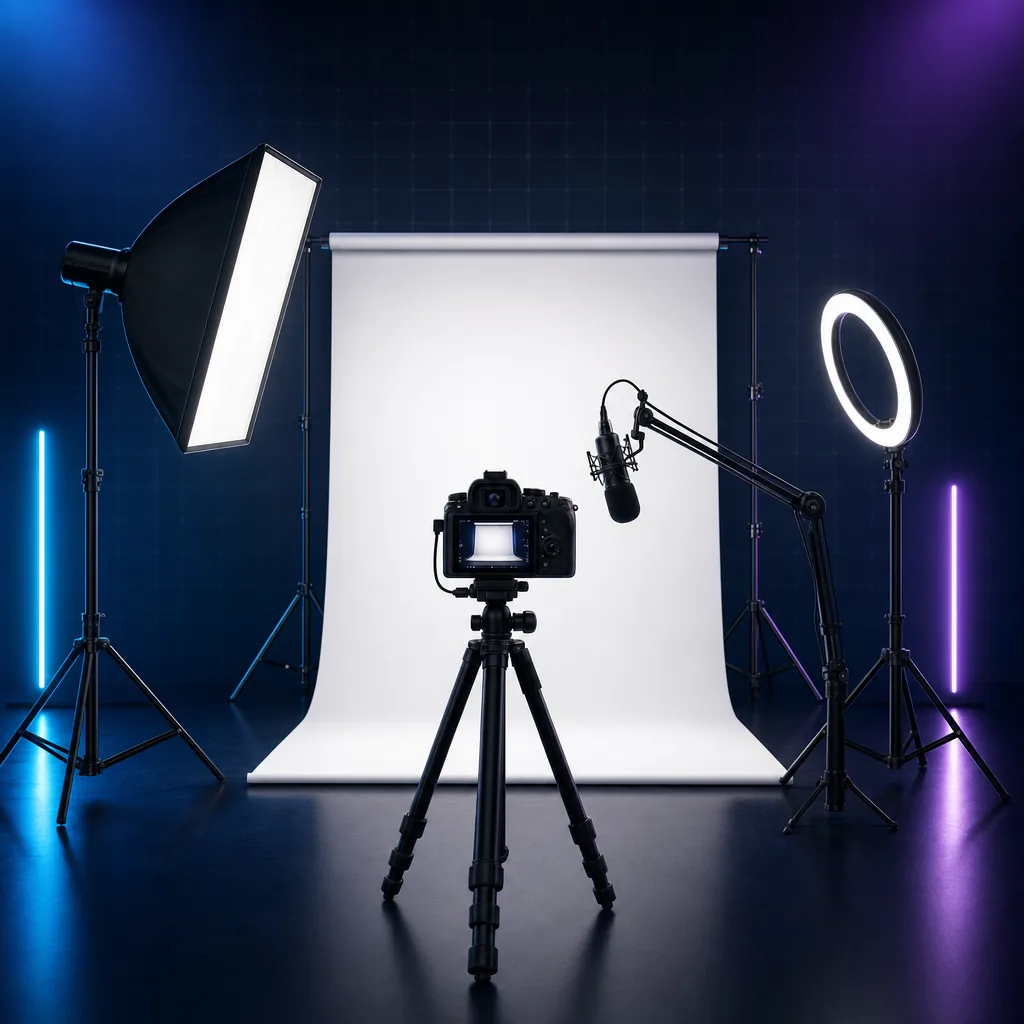 Modern empty content-creator studio with a softbox key light, ring-light halo, microphone on a boom arm, and a camera tripod aimed at a seamless backdrop
