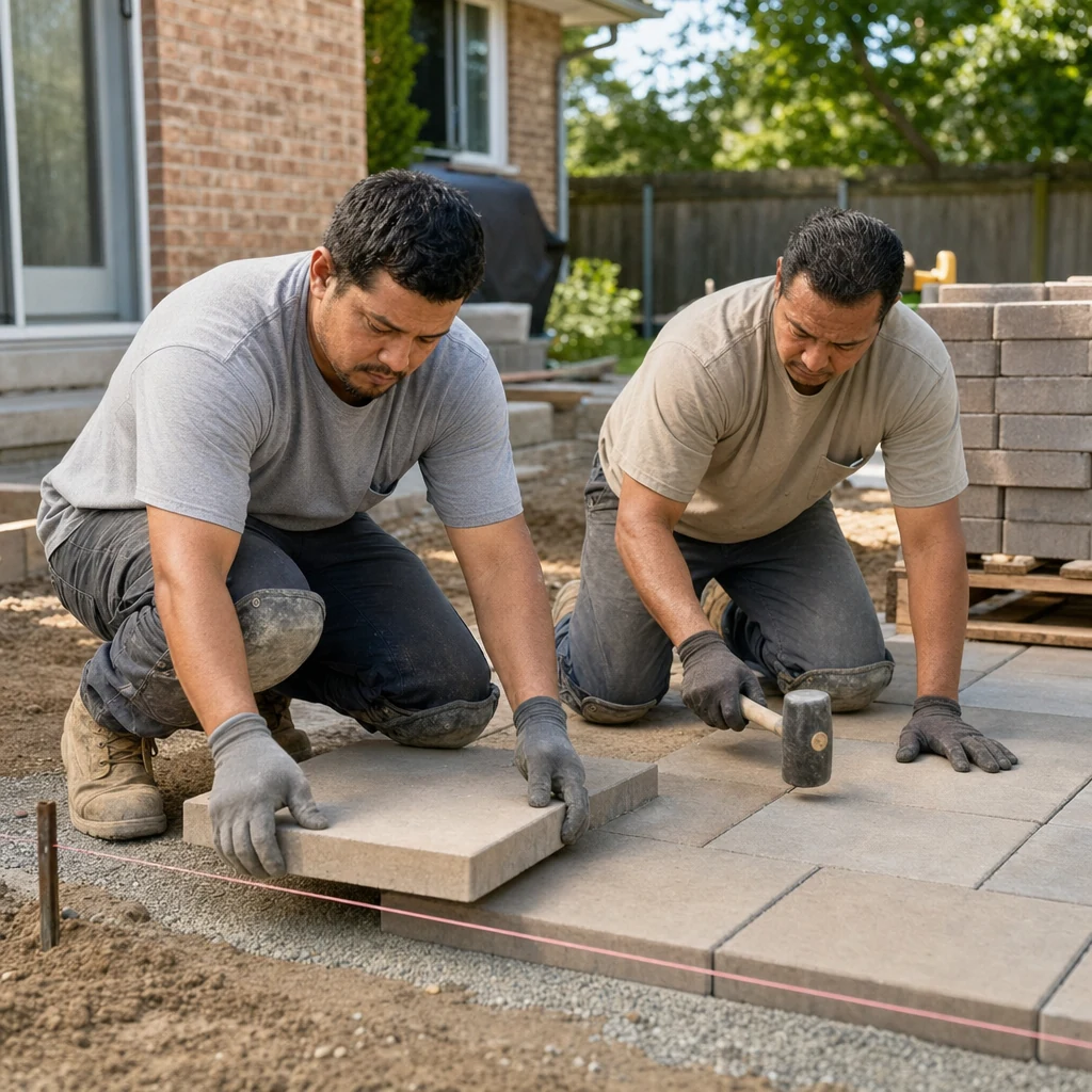 Landscaping SEO for Landscapers: Two Kinds of Buyer, Two Kinds of Search 2 Two hardscape workers in knee pads set large concrete pavers on a gravel base for a new backyard patio, one tapping a paver level with a rubber mallet