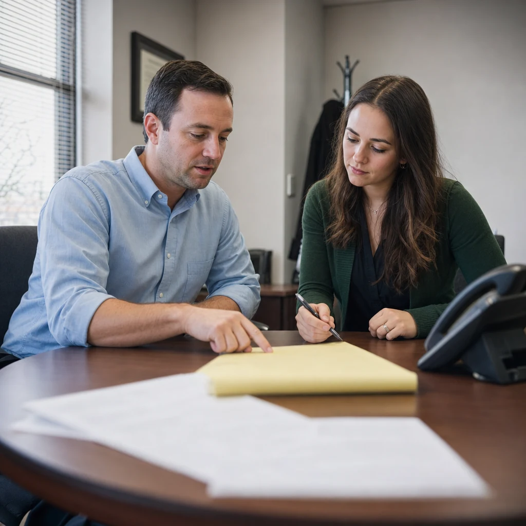 A man in a light blue shirt points to a yellow legal pad while a woman in a dark green cardigan holding a pen follows along at a small office table, a desk phone beside them