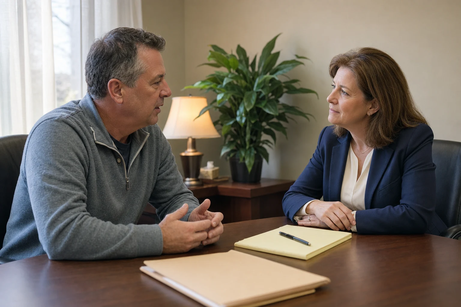 A man in a gray sweater talks with a woman in a navy blazer across a wooden table in a small office lit by window daylight and a desk lamp