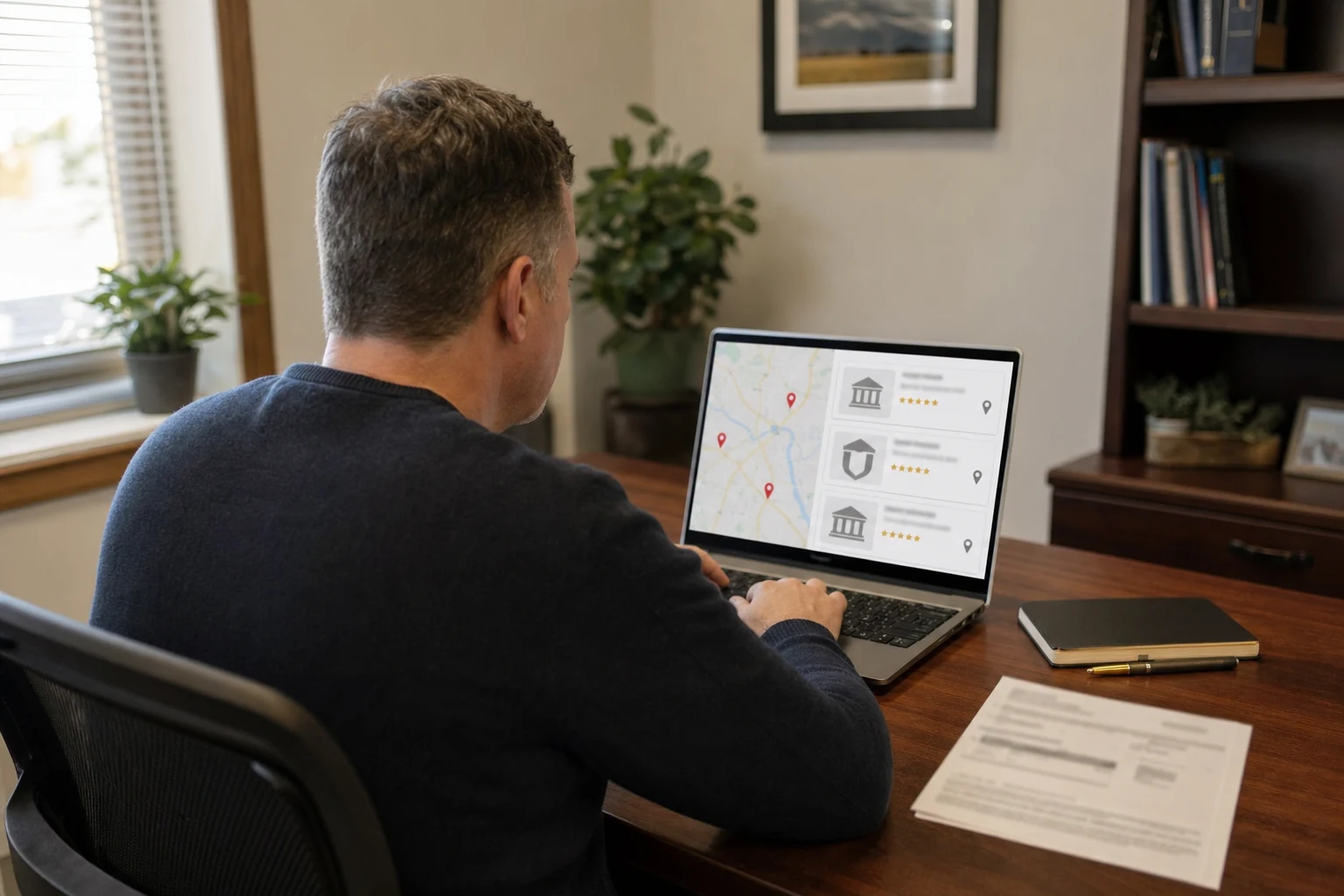 A local SEO consultant reviewing law firm search results and the local map pack on a laptop