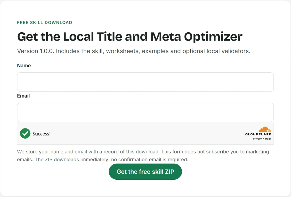 Local SEO Title Tags and Meta Descriptions: How to Write Your Own (With a Free Claude Skill) 6 Screenshot of the free skill download form on Learn Claude Skills, asking for a name and email, with a note that the form does not subscribe you to marketing emails