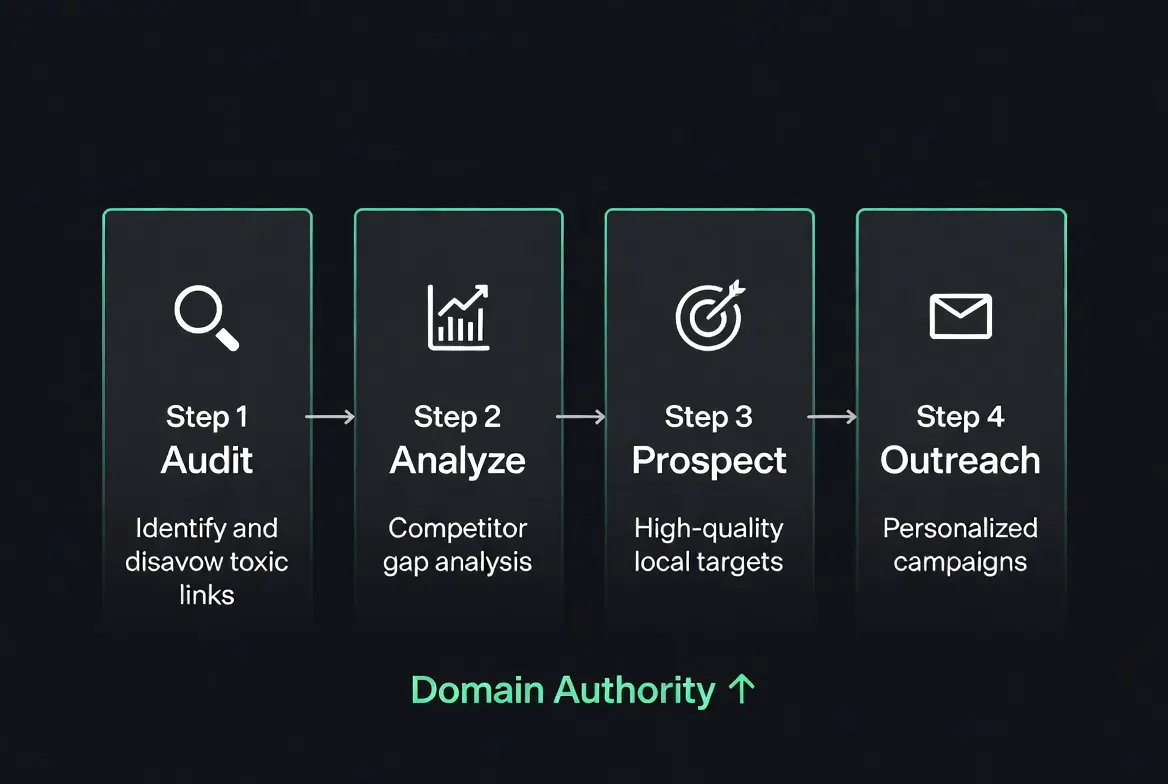 Timeline showing Search Sherpa link building process: Link Profile Audit, Competitor Gap Analysis, Target Prospecting, Asset Creation and Outreach