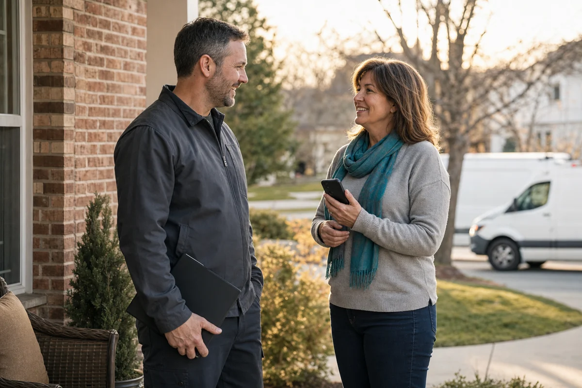 A home service business owner in a charcoal work jacket, holding a folder, talks with a smiling homeowner in a teal scarf who holds a smartphone, on the porch of a brick house with a white van parked at the curb.