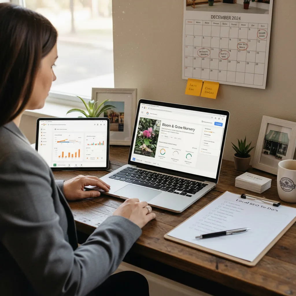 Answer Engine Optimization for Local Businesses: How AI Decides Who to Recommend 5 Local business owner at a desk reviewing a Google Business Profile dashboard on a laptop and performance charts on a tablet beside a handwritten local SEO to-do list on a clipboard