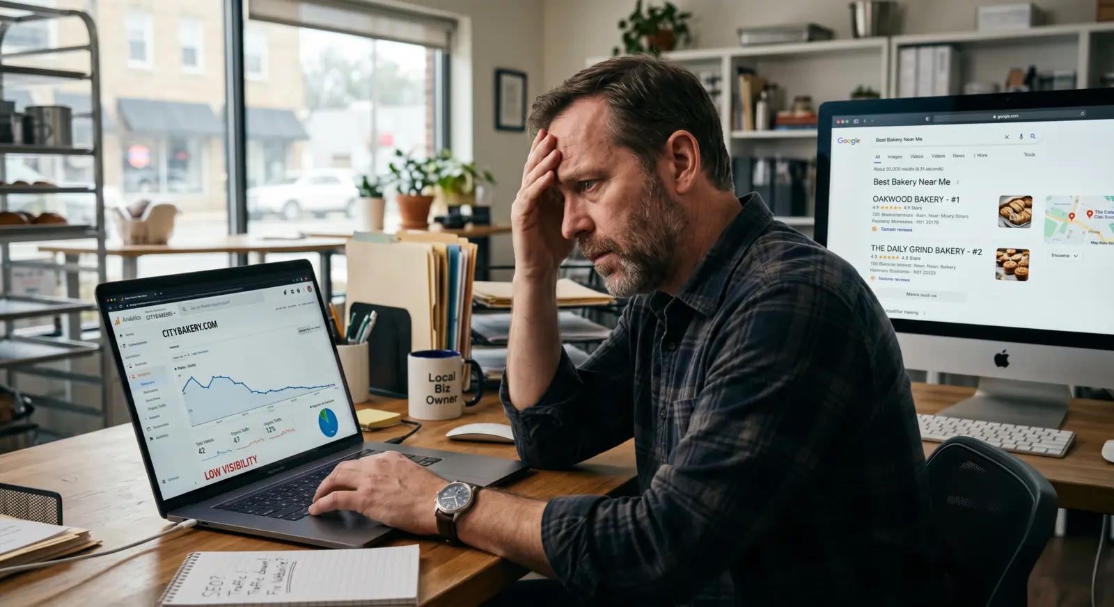 Frustrated local business owner reviewing low website visibility while competitors appear in Google search results
