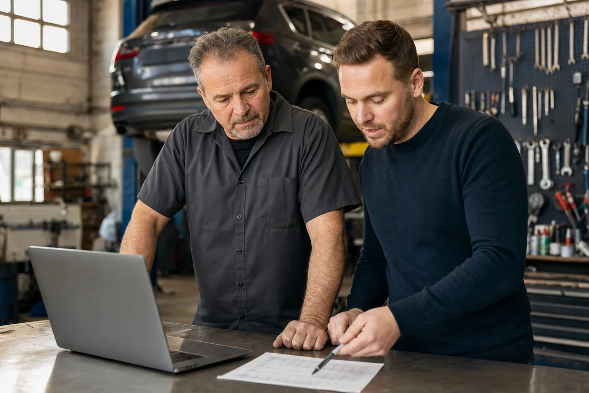 A local auto repair shop owner in a dark work shirt and a consultant in a navy sweater stand at a steel workbench, looking at an open laptop while the consultant points a pen at a one-page printed plan. A car on a lift and a wall of hanging wrenches are behind them.