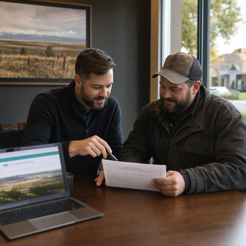 Local SEO Title Tags and Meta Descriptions: How to Write Your Own (With a Free Claude Skill) 7 A local SEO consultant and a landscaping business owner review a printed change sheet together at a table beside a laptop