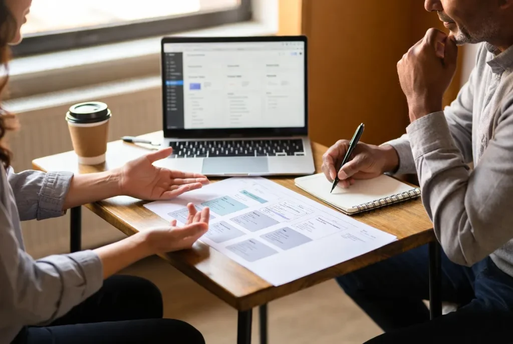 SEO consultant and small business owner reviewing a website sitemap and local SEO plan together at a table before a WordPress build