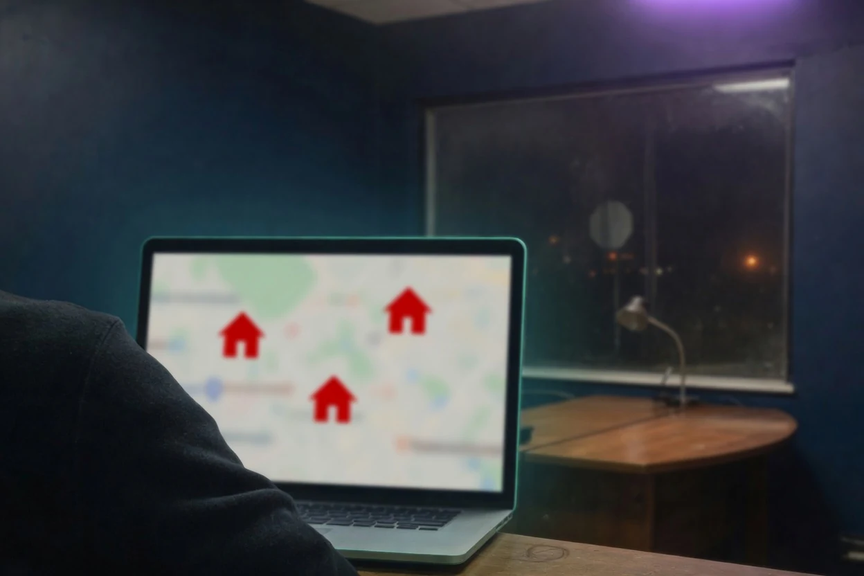 Over-the-shoulder view of a person in a dark sweater in a navy night office, teal rim light on a laptop map with three house-shaped pins