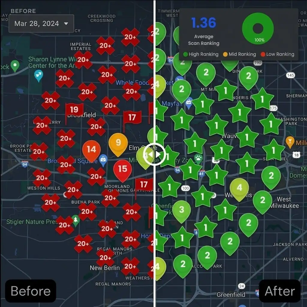 before and after Google Business Profile ranking grid showing local SEO improvement from red low rankings to green top Map Pack positions by The Search Sherpa