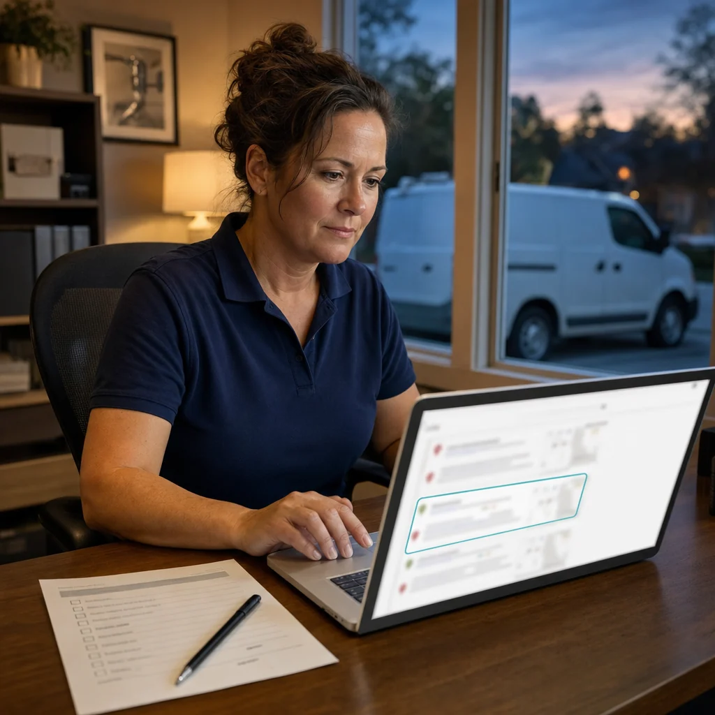A plumbing business owner at her office desk checks her company's search listing on a laptop, with a printed checklist beside her and a white service van outside the window