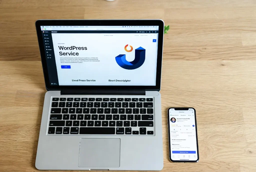 WordPress website service page displayed on a laptop next to a Google Business Profile on a mobile phone, showing local SEO alignment for a Chicago area service business. Custom WordPress Website Cost