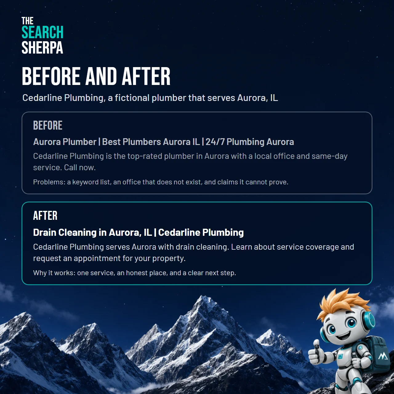 Local SEO Title Tags and Meta Descriptions: How to Write Your Own (With a Free Claude Skill) 4 Before and after example for the fictional Cedarline Plumbing: a keyword-stuffed title and description replaced by Drain Cleaning in Aurora, IL | Cedarline Plumbing and an honest description
