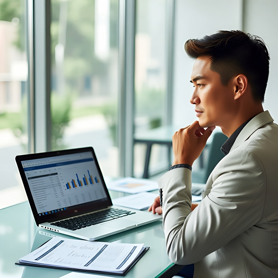 Man in a light blazer studies charts on a laptop, resting his chin on his hand at a desk by large windows.