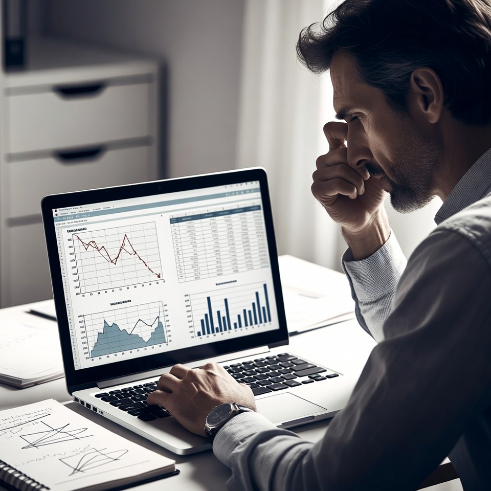 Man studies analytics charts on a laptop, resting his hand on his forehead, with notes on a notepad nearby.