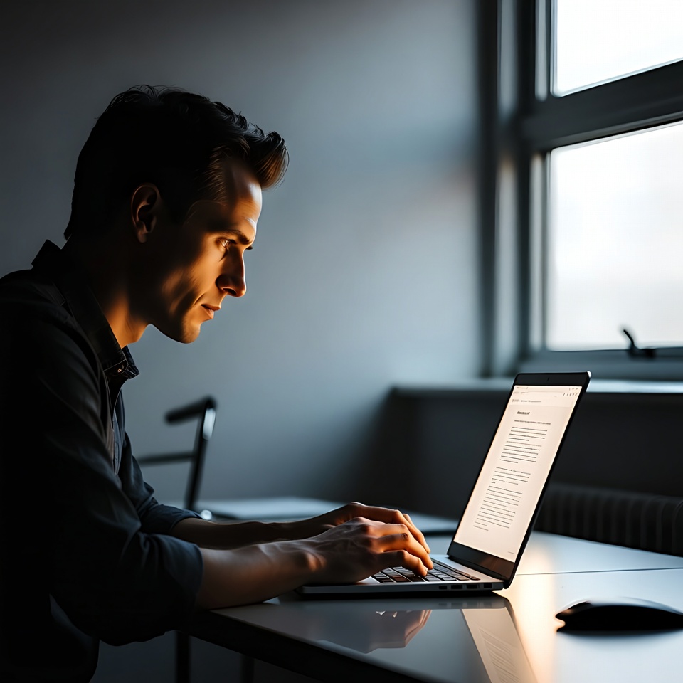 Man types on a laptop at a desk in a dim office, lit by warm light from a nearby window.