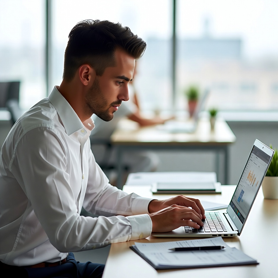 Man in a white shirt types on a laptop at an office desk, focused on charts displayed on the screen.