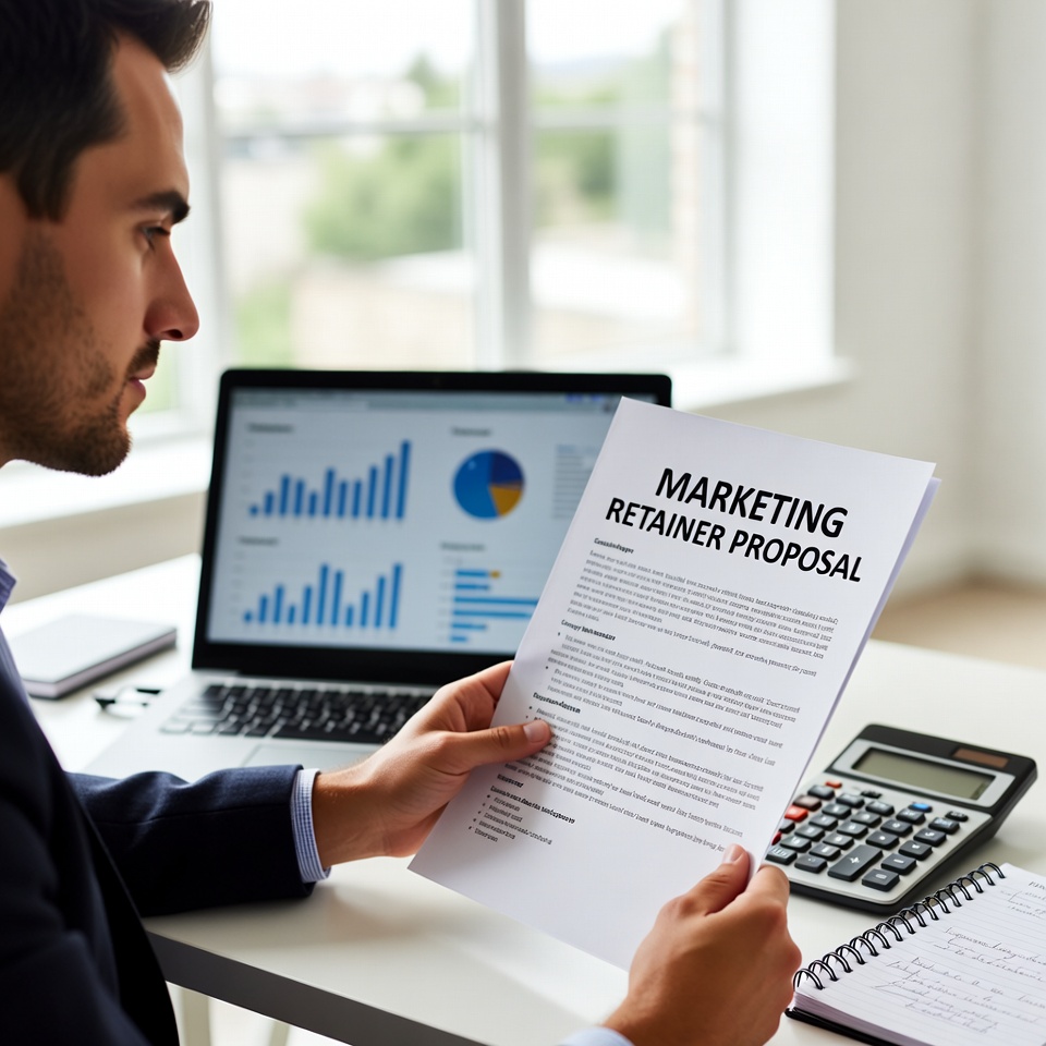 Man holds a “Marketing Retainer Proposal” document beside a laptop showing charts, with a calculator and notebook on the desk.