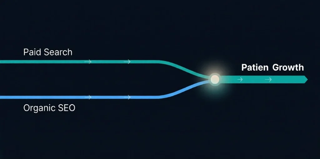 Converging path diagram showing paid search and organic SEO combining to drive med spa patient growth