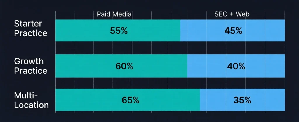 Stacked bar chart showing paid media and SEO web budget allocation across starter, growth, and multi-location med spa stages