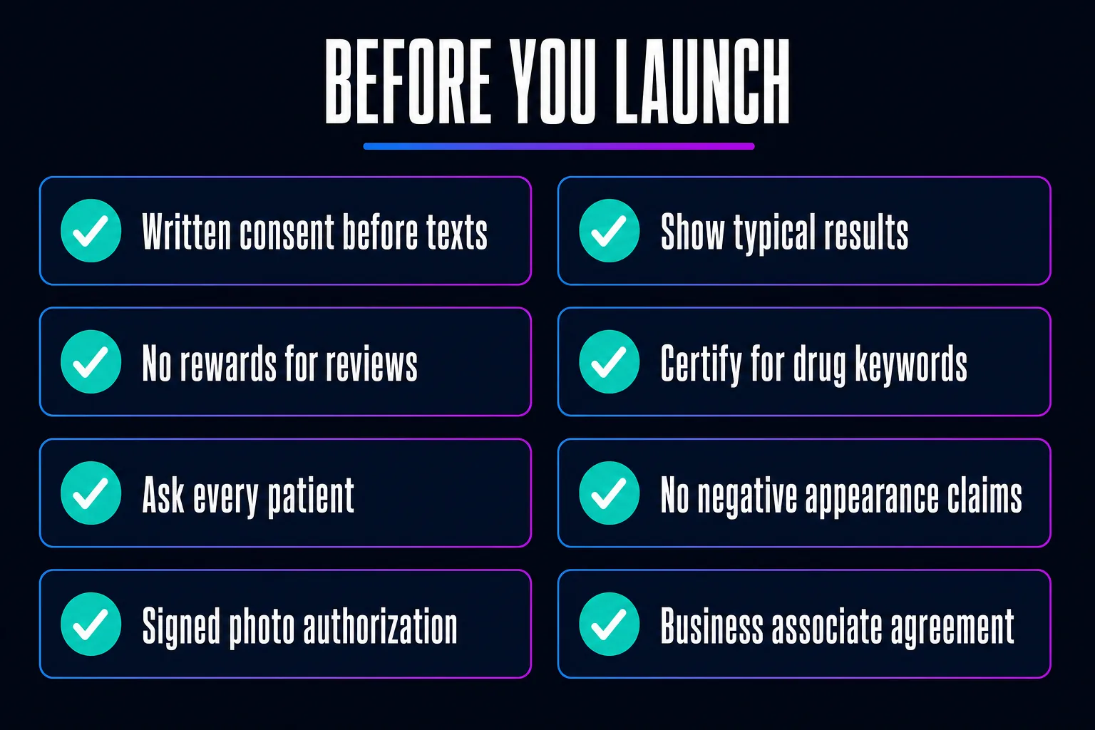 Med Spa Marketing Ideas: 12 for 2026, in Priority Order 3 Checklist of eight med spa marketing compliance rules, from written consent before texts and no rewards for reviews to signed photo authorization and a business associate agreement