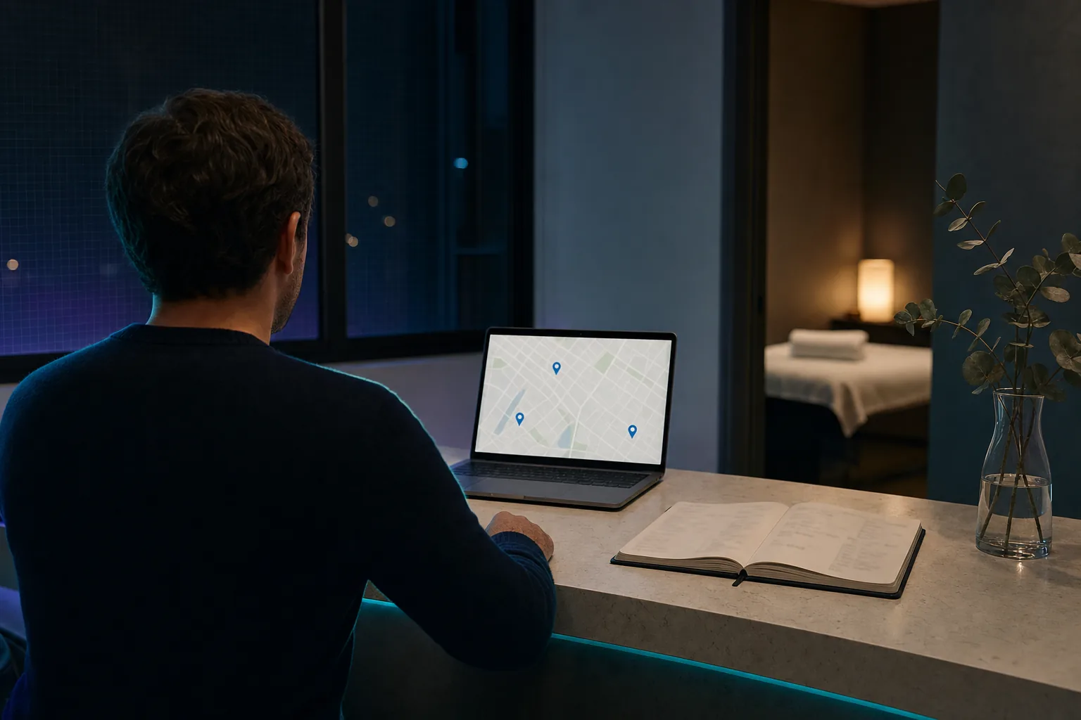 Over-the-shoulder view of a person at a med spa reception desk at night reviewing a local map with three pins on a laptop, beside an appointment book and a vase of eucalyptus