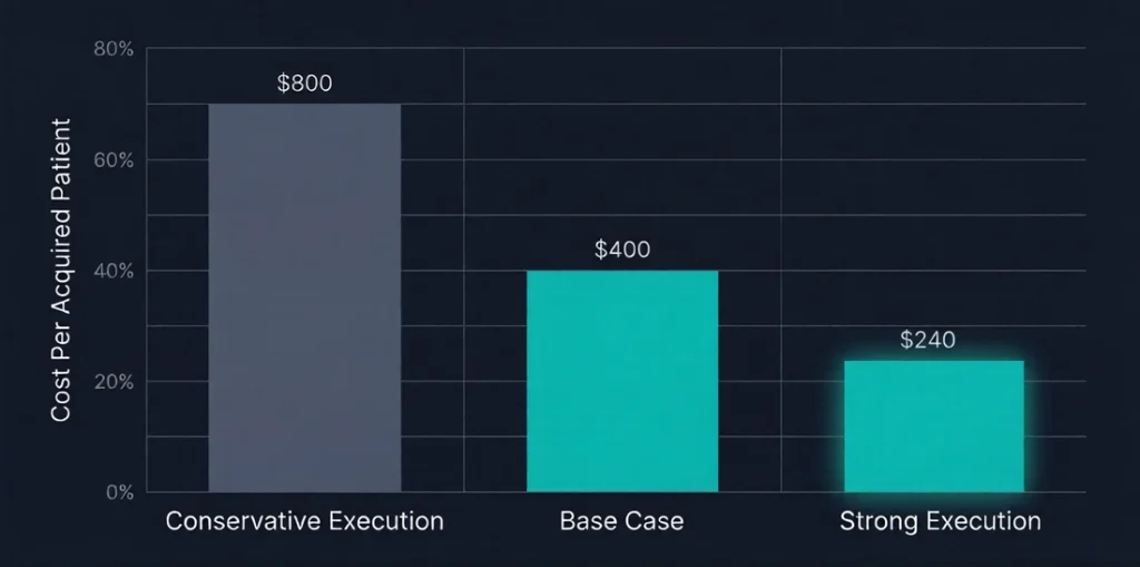 Bar chart comparing med spa patient acquisition cost under conservative, base case, and strong PPC execution