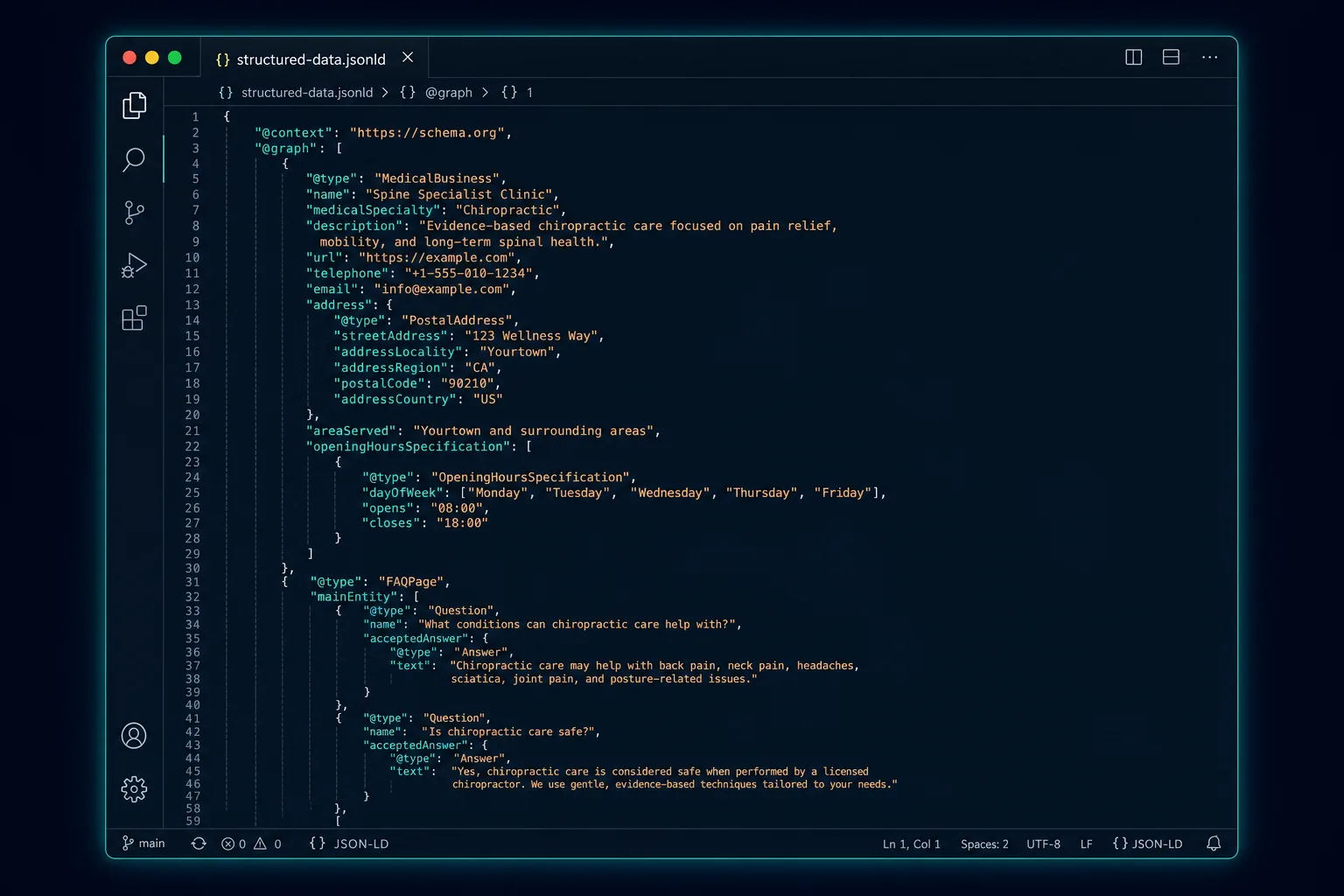 Local SEO for Chiropractors 4 Dark mode code editor highlighting MedicalBusiness and FAQPage JSON-LD structured data for a spine specialist