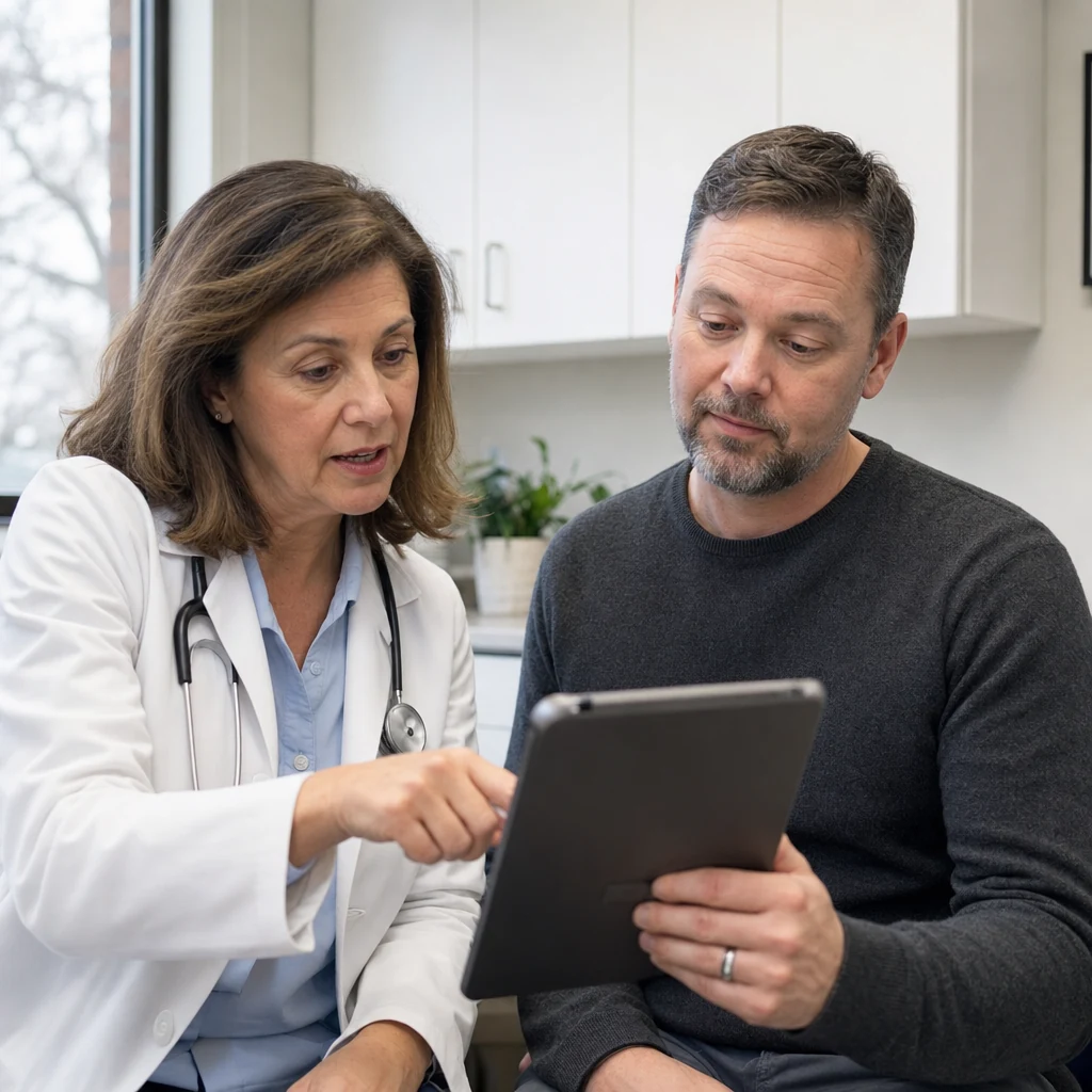 A physician in a white coat and a practice manager review a tablet together in a clinic consultation room