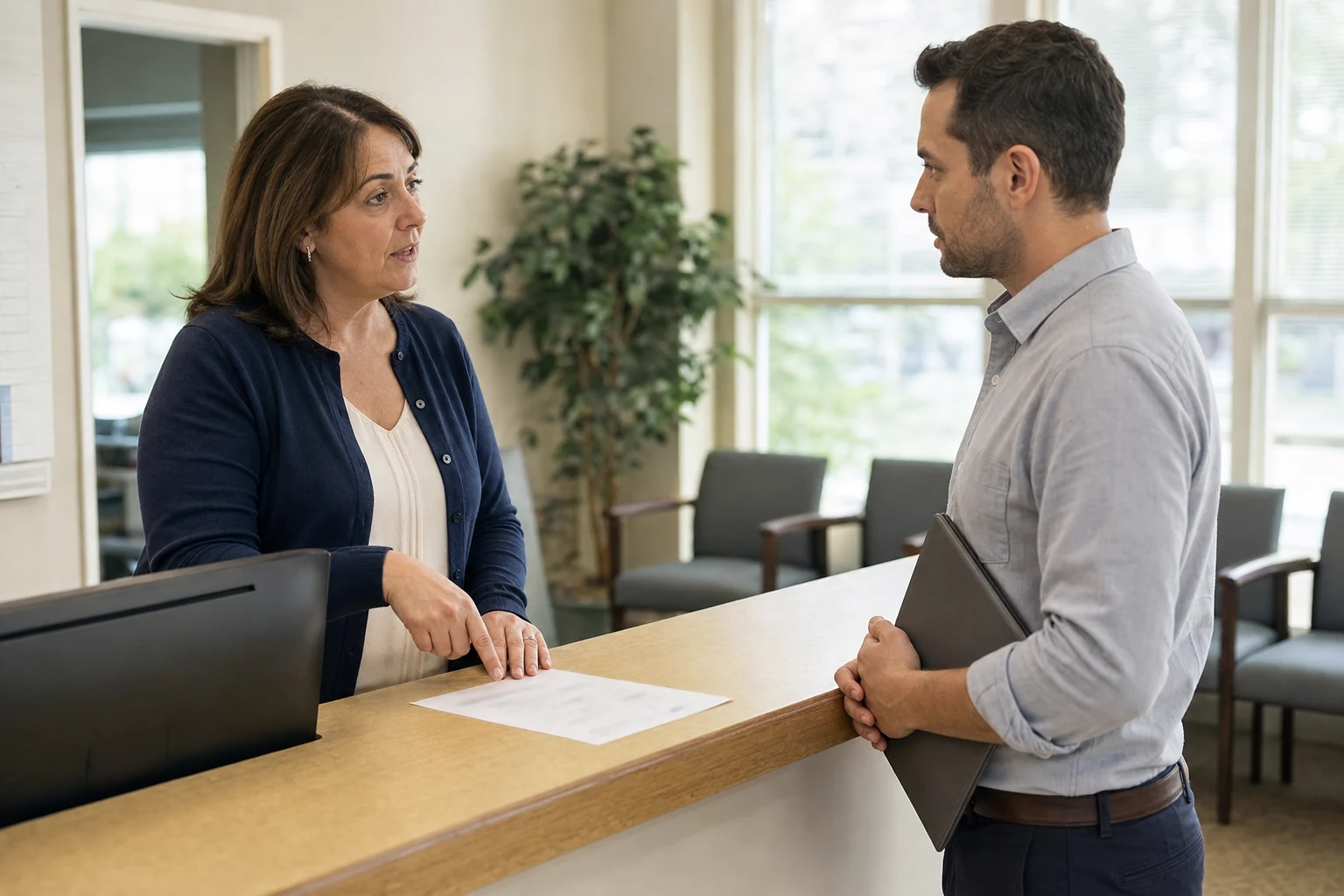 A practice manager behind a clinic front desk talks with a consultant across the counter in a sunlit, empty waiting area