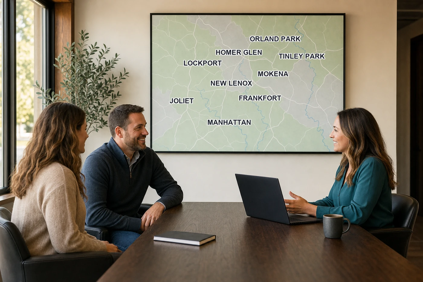 Google Business Profile Categories: Setup Checklist (2026) 3 Marketing consultants reviewing local search visibility with business owners, a Will County service area map on the wall behind them