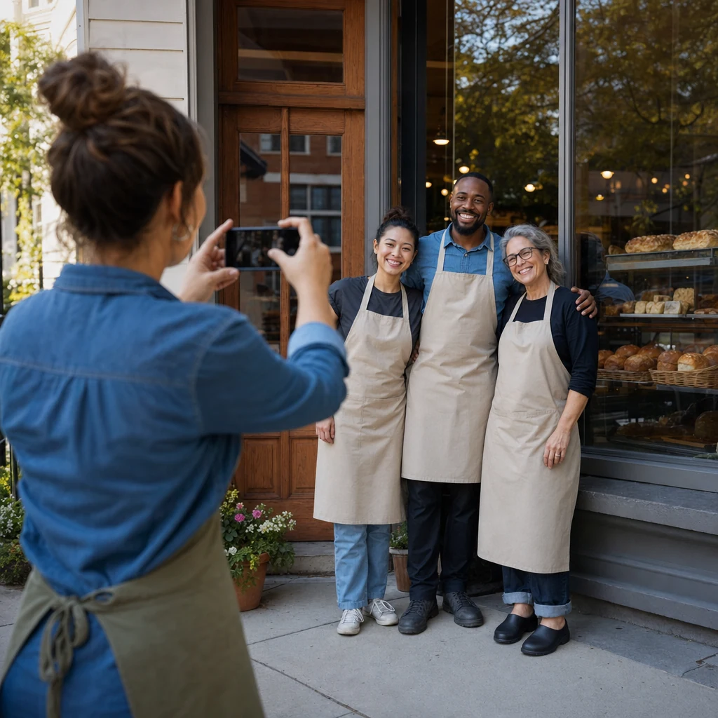 A woman in a denim shirt and olive apron holds up a phone to photograph three smiling people in aprons outside the front window of a neighborhood bakery