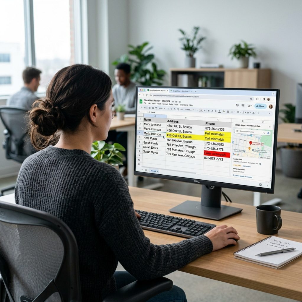 Google Business Profile Optimization: A Step-by-Step Checklist to Rank in the Local Pack 1 NAP consistency citation audit spreadsheet for google business profile optimization showing name address phone discrepancies