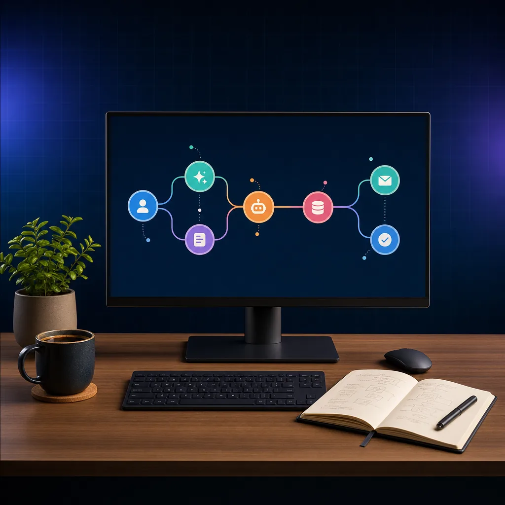 Clean minimal beginner workspace with a single monitor showing a colorful automation workflow diagram, a coffee mug, a small plant, and an open notebook