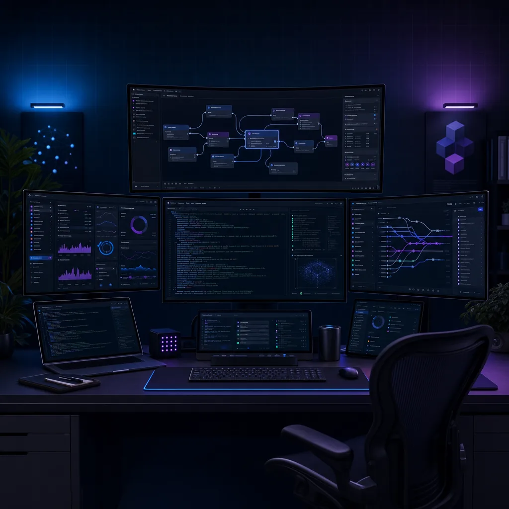 Multi-monitor cockpit-style developer workspace showing abstract agent dashboards, terminal windows, and a Git branch diagram in dark mode