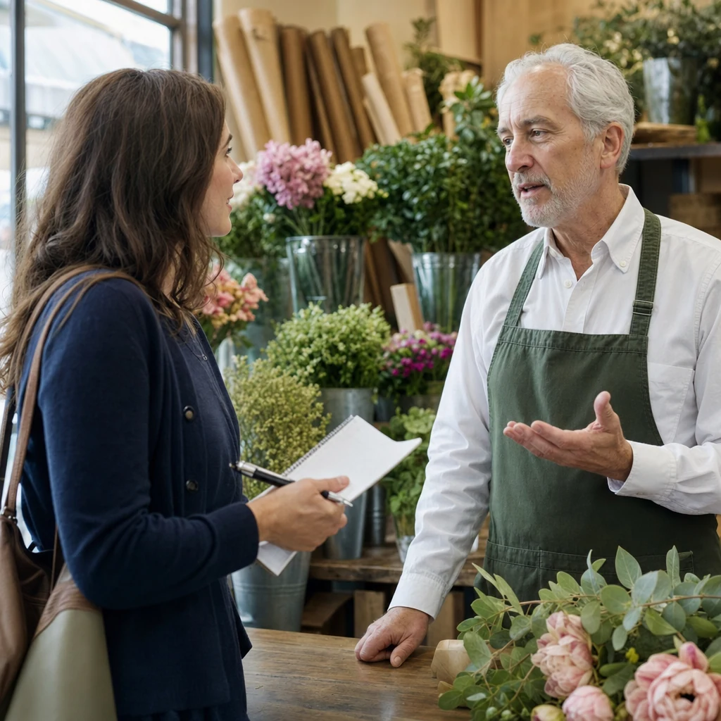 A writer holding a notebook and pen, talking with a flower shop owner across the shop counter