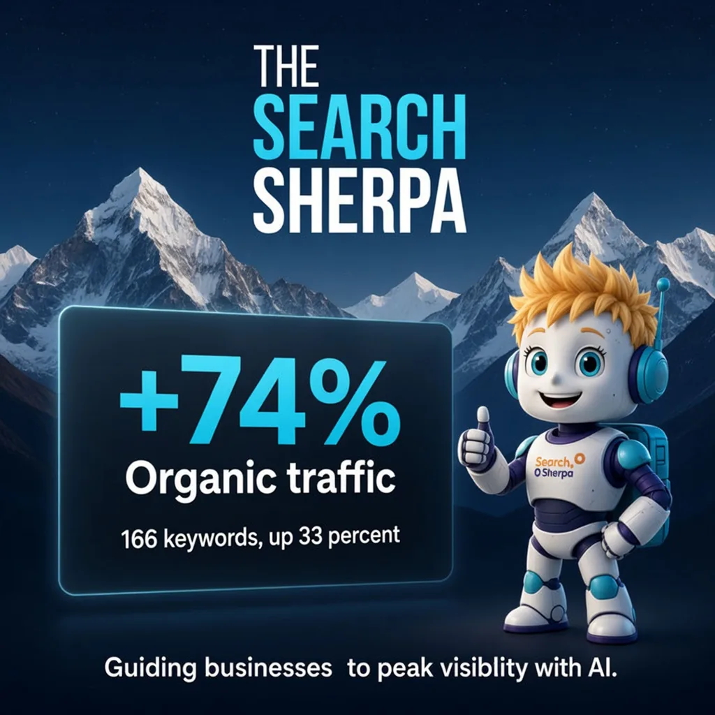 The Search Sherpa proof card showing plus 74 percent organic traffic and 166 keywords up 33 percent for thesearchsherpa.com