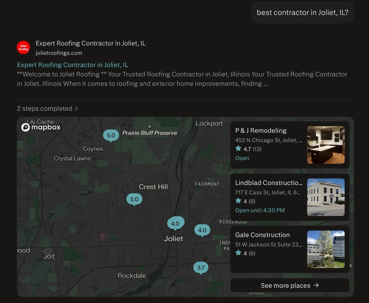 Answer Engine Optimization for Local Businesses: How AI Decides Who to Recommend 1 Perplexity AI answering a best contractor in Joliet, IL query by naming three specific local construction businesses with star ratings and map locations instead of returning a list of blue links