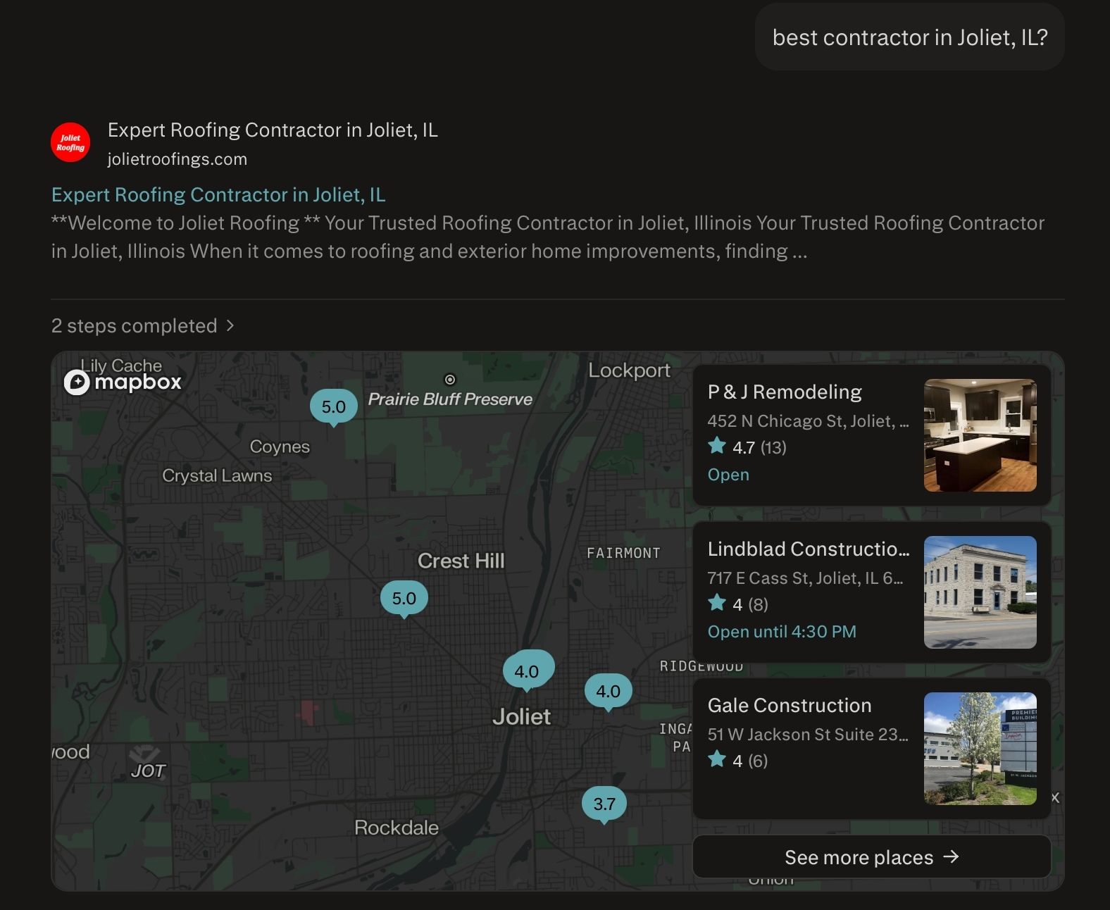 Local search results for contractor in Joliet IL showing map listings and Google ranking visibility