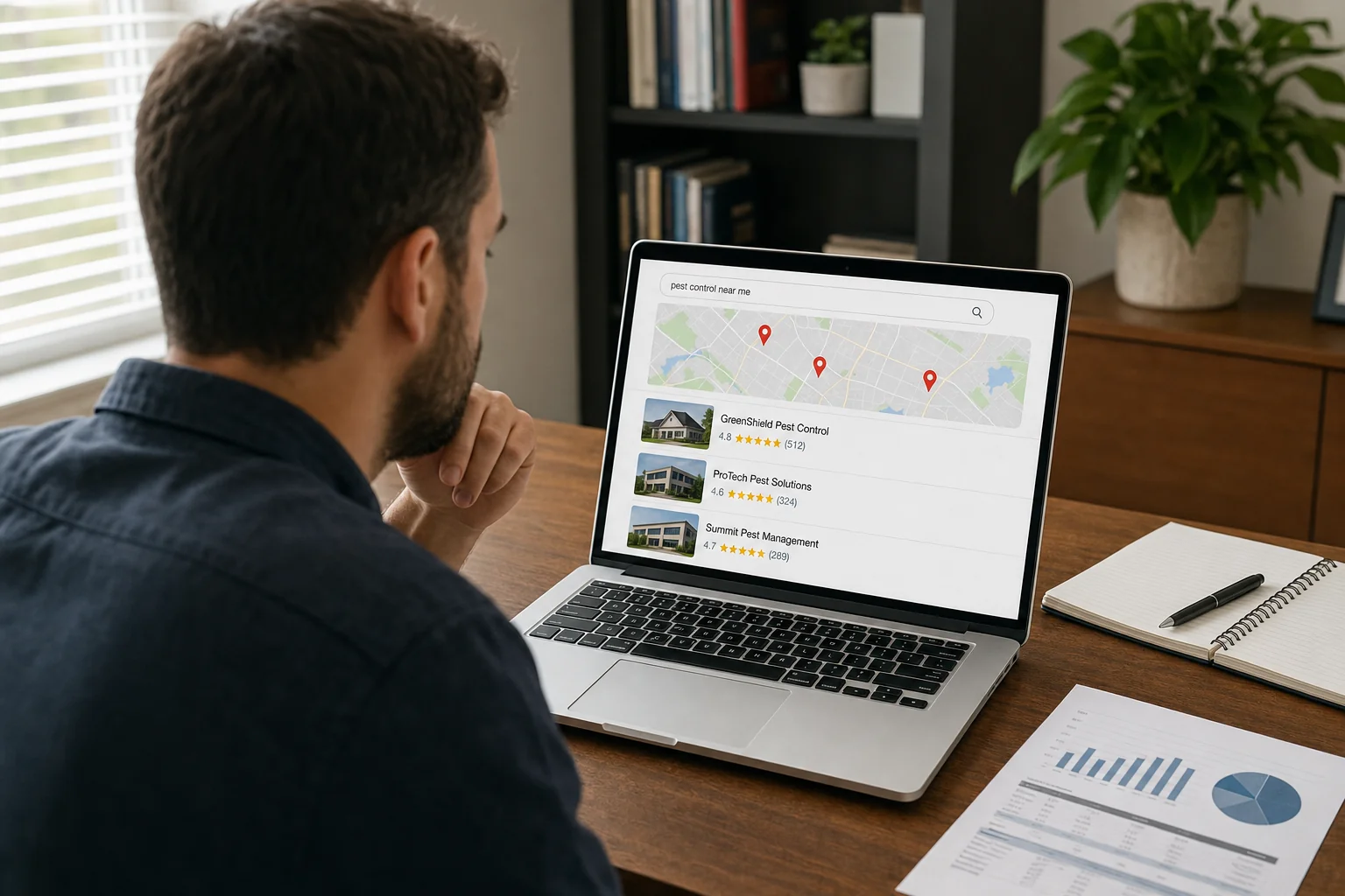 Jeremy Bengtson reviewing pest control SEO cost and local search results on a laptop