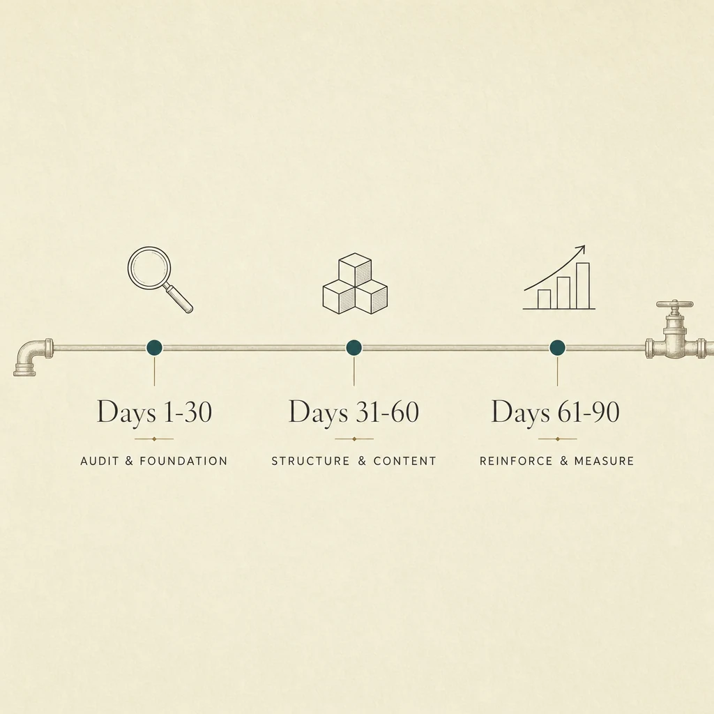 Plumber SEO Cost (2026): Pricing and Lead Math for Plumbers 1 A three-phase 90-day plumbing SEO plan timeline
