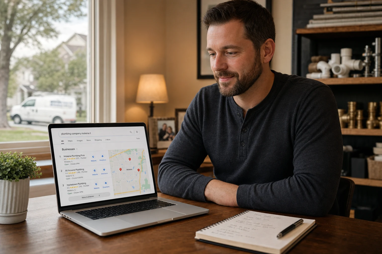 Jeremy Bengtson reviewing plumber SEO cost and local search results on a laptop